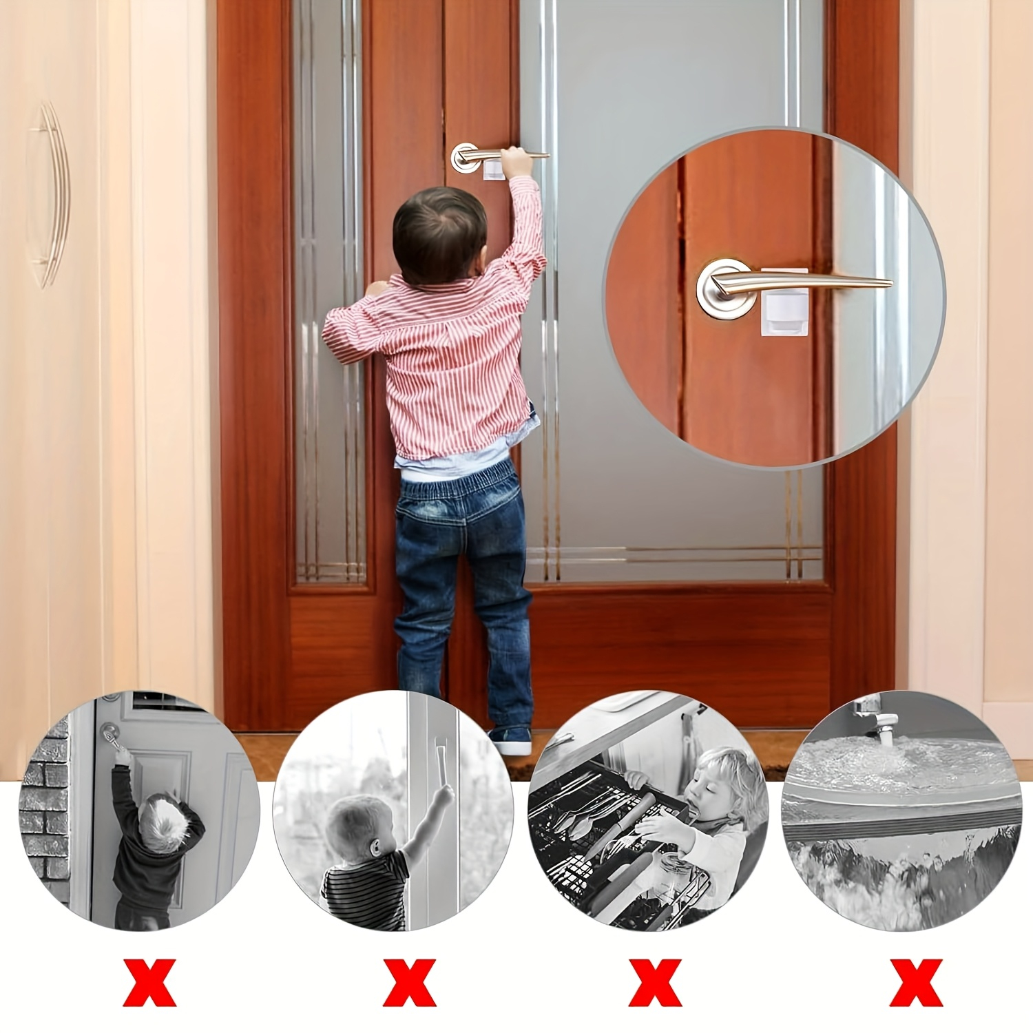 2pcs Safety Door Handle Lock – Press & Twist 180° Unlock, Door Limiter Restricts Opening, Prevents Kids & Pets from Escaping, No-Drill Self-Adhesive, for Doors, Windows, Cabinets, Drawers & Fridge