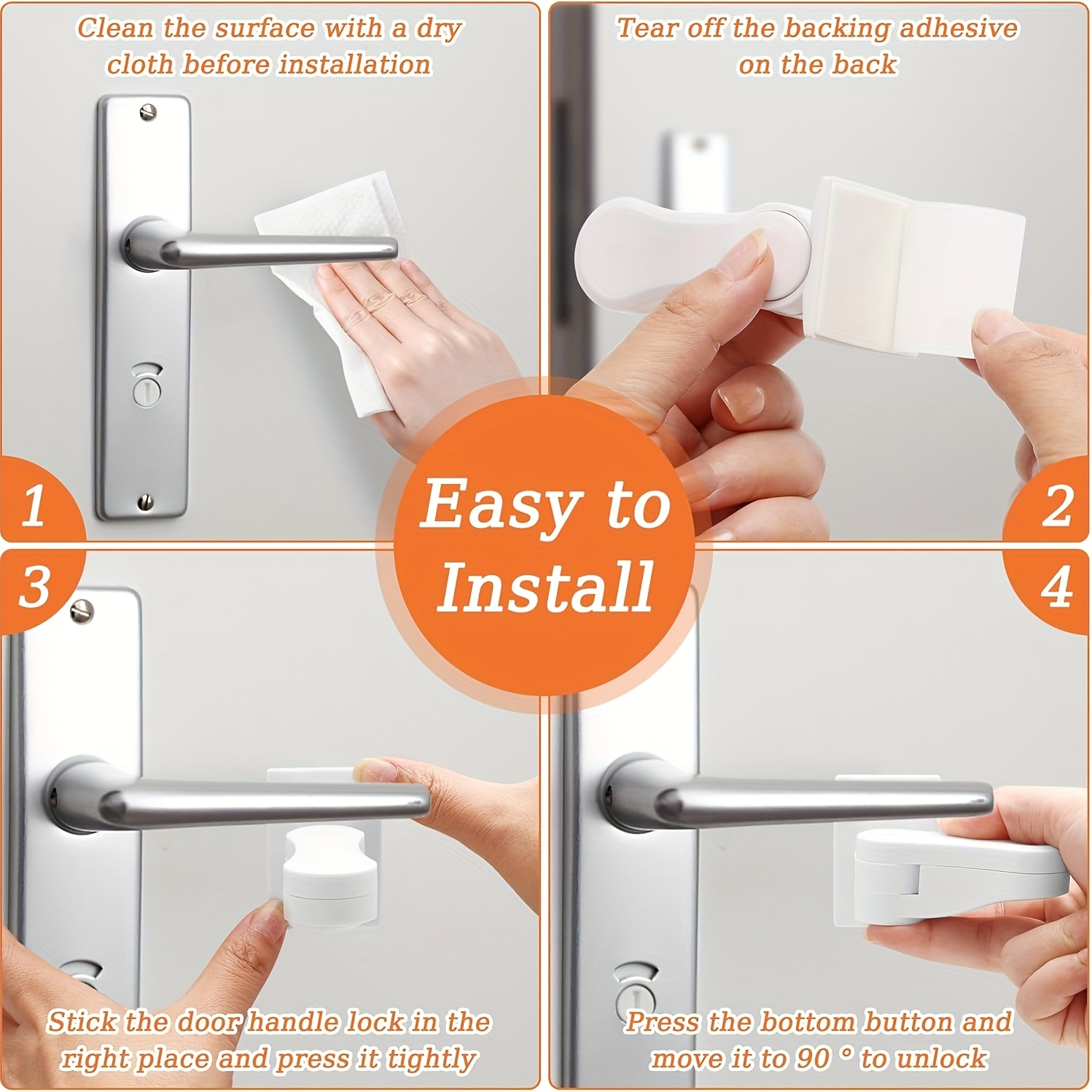 2pcs Safety Door Handle Lock – Press & Twist 180° Unlock, Door Limiter Restricts Opening, Prevents Kids & Pets from Escaping, No-Drill Self-Adhesive, for Doors, Windows, Cabinets, Drawers & Fridge
