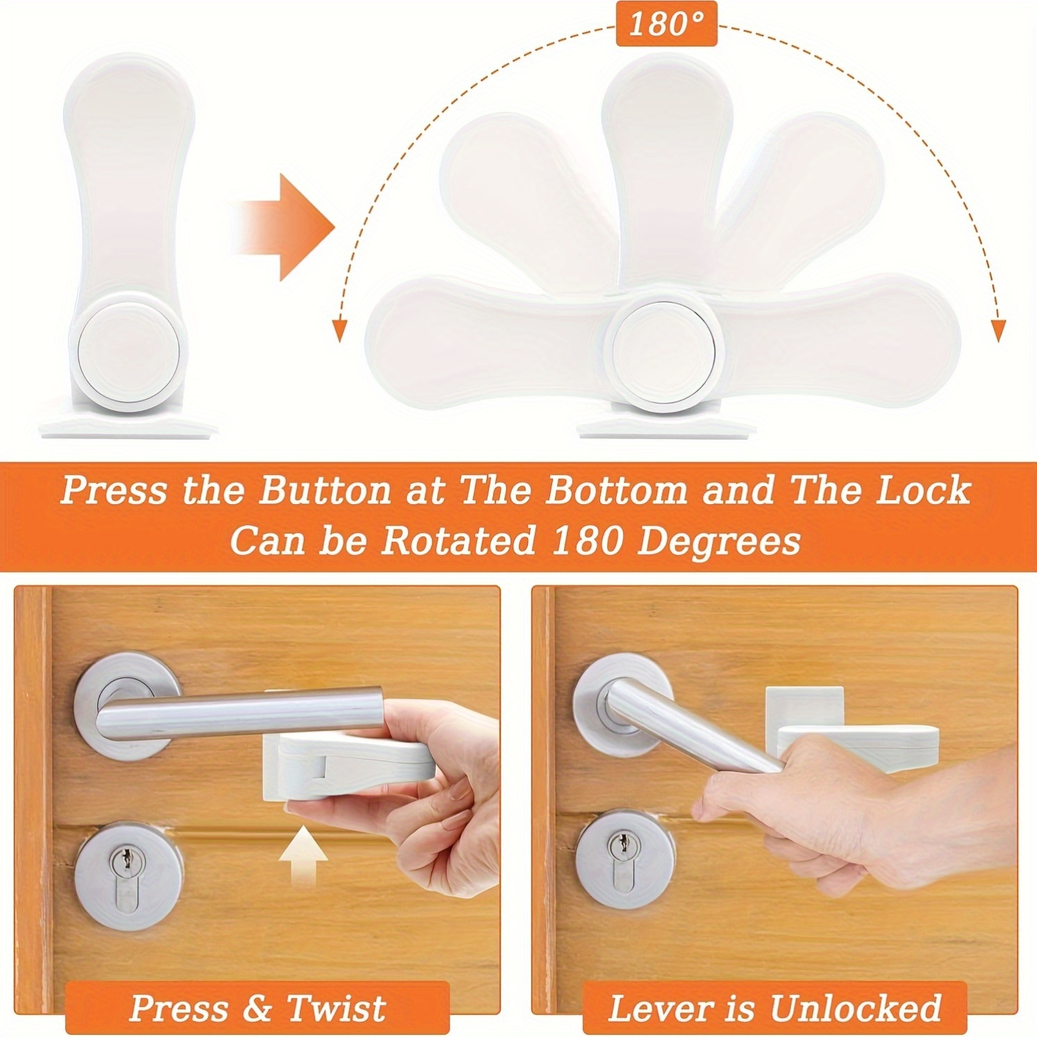 2pcs Safety Door Handle Lock – Press & Twist 180° Unlock, Door Limiter Restricts Opening, Prevents Kids & Pets from Escaping, No-Drill Self-Adhesive, for Doors, Windows, Cabinets, Drawers & Fridge