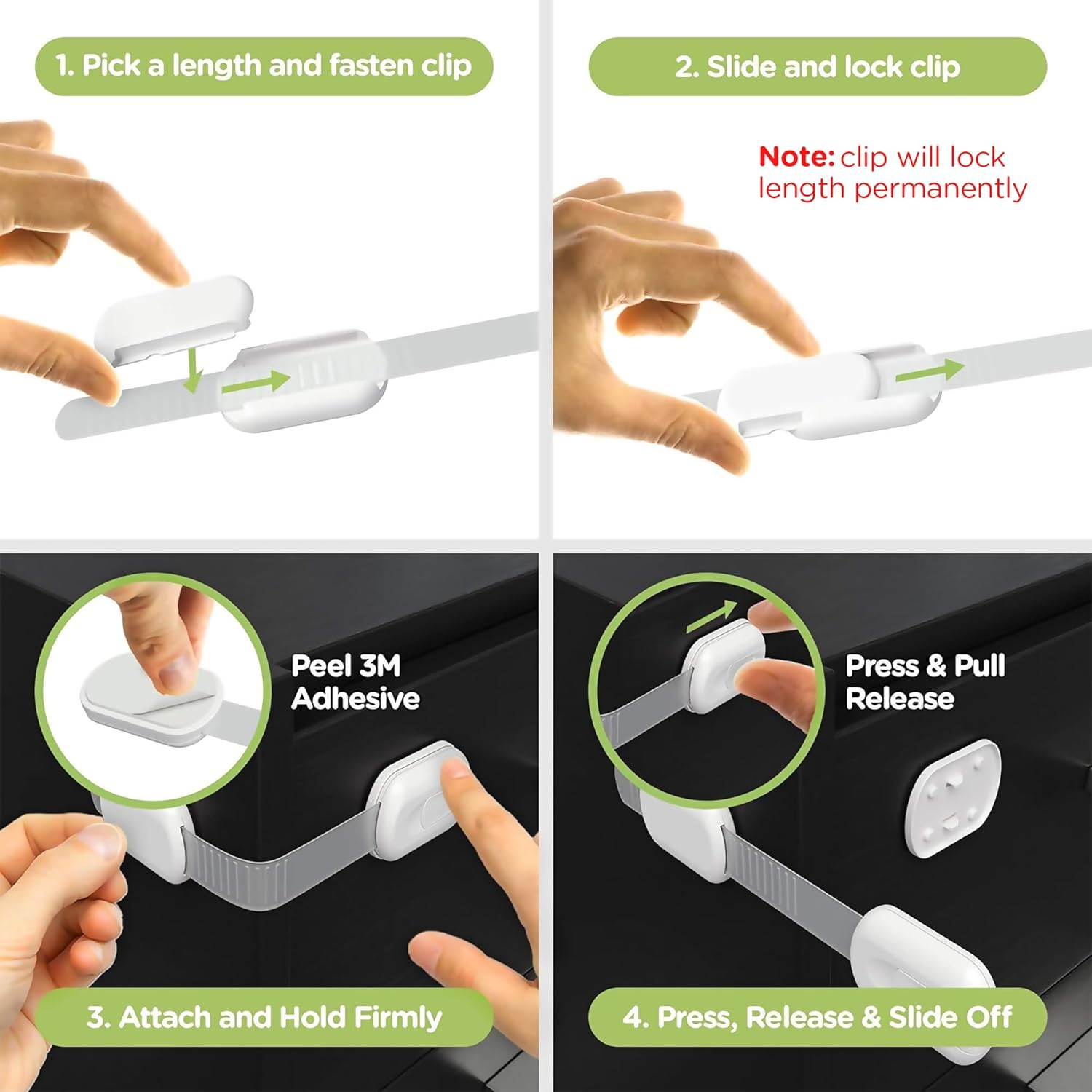 3/6/10pcs Child Safety Locks – Adjustable with 3M Adhesive, Press & Slide Release, Anti-Pinch, No-Drill Multi-Use for Cabinets, Drawers, Ovens & Toilets