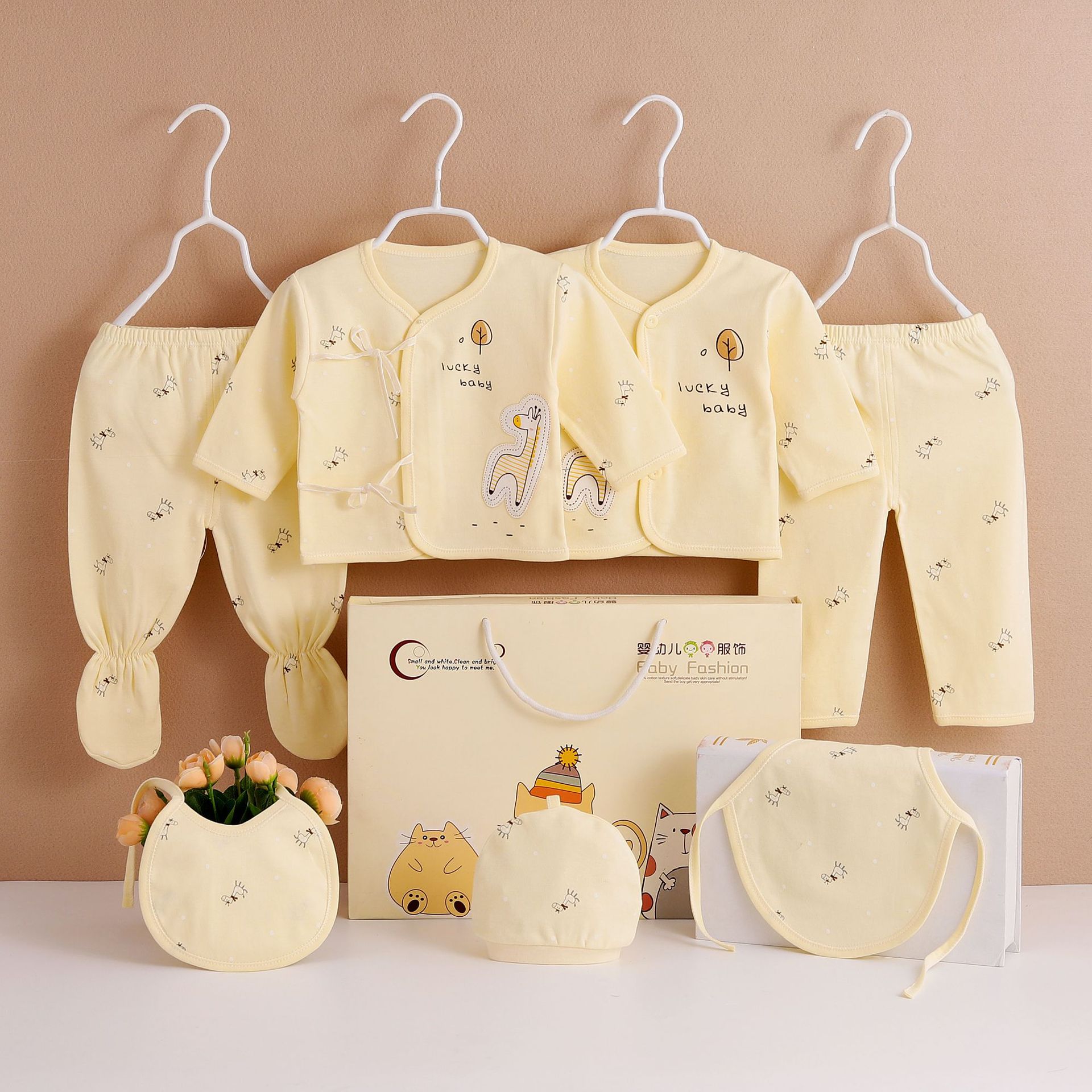 Mamatoto 7Pcs Newborn Baby Outfit Set – Cotton Soft All-Season Gift Box for Boys & Girls, Perfect Baby Shower Gift, First Clothes Present, Includes Bodysuits, Pants, Hat & Bib, 0-3 Months