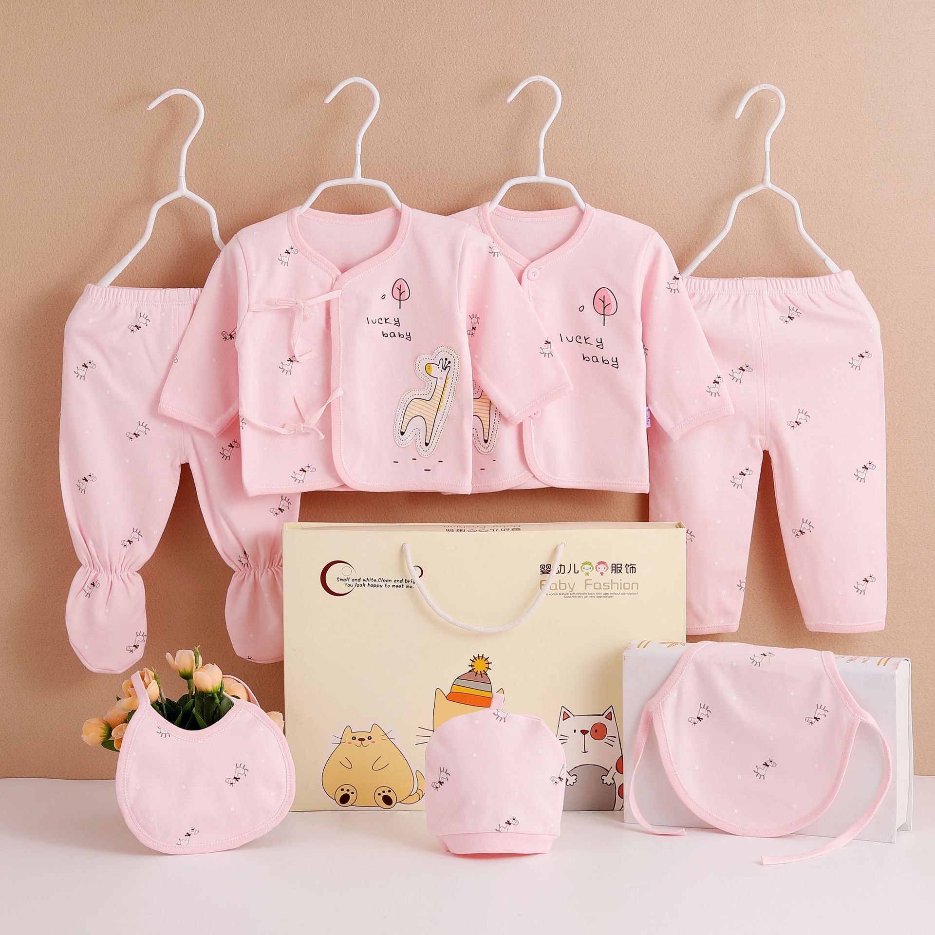 Mamatoto 7Pcs Newborn Baby Outfit Set – Cotton Soft All-Season Gift Box for Boys & Girls, Perfect Baby Shower Gift, First Clothes Present, Includes Bodysuits, Pants, Hat & Bib, 0-3 Months