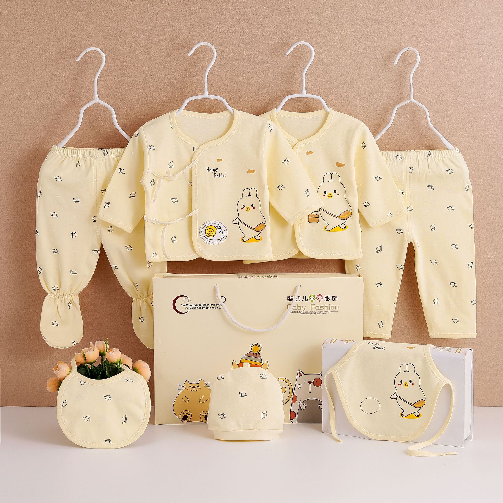 Mamatoto 7Pcs Newborn Baby Outfit Set – Cotton Soft All-Season Gift Box for Boys & Girls, Perfect Baby Shower Gift, First Clothes Present, Includes Bodysuits, Pants, Hat & Bib, 0-3 Months