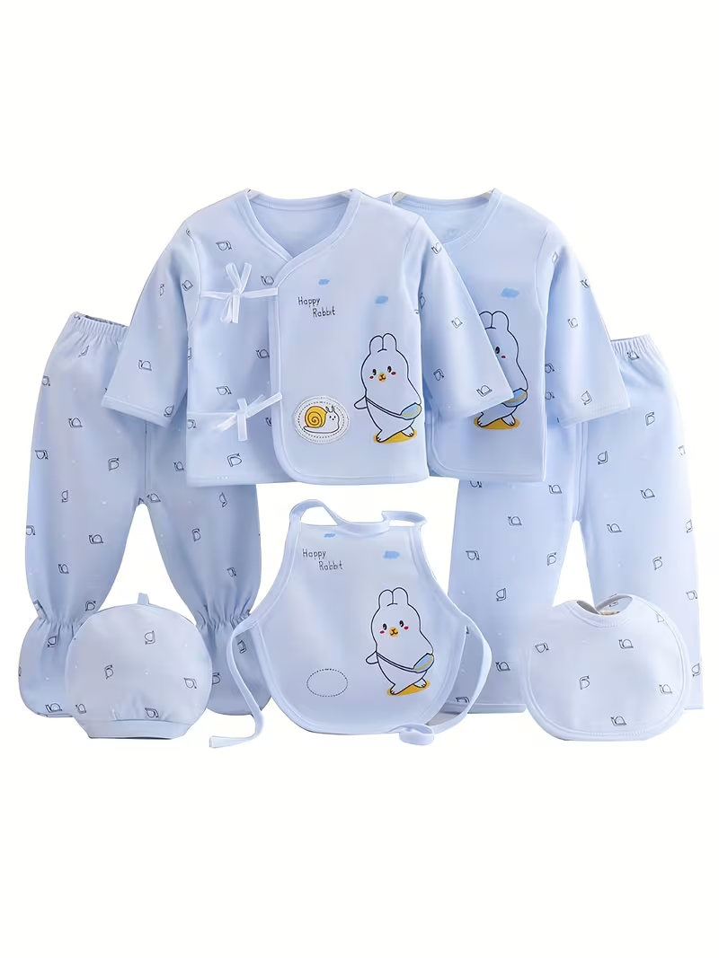 Mamatoto 7Pcs Newborn Baby Outfit Set – Cotton Soft All-Season Gift Box for Boys & Girls, Perfect Baby Shower Gift, First Clothes Present, Includes Bodysuits, Pants, Hat & Bib, 0-3 Months