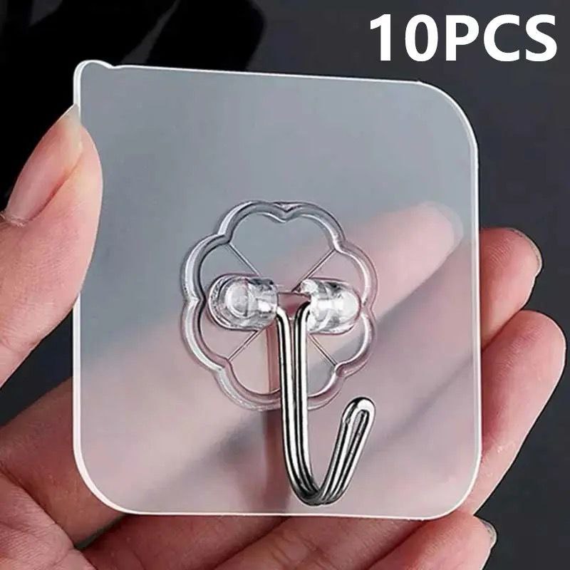 10PCS Transparent Stainless Steel Self-Adhesive Hooks | Heavy-Duty Wall Hooks | Waterproof Multi-Purpose Key & Towel Hangers | Kitchen, Bathroom & Home Organizer