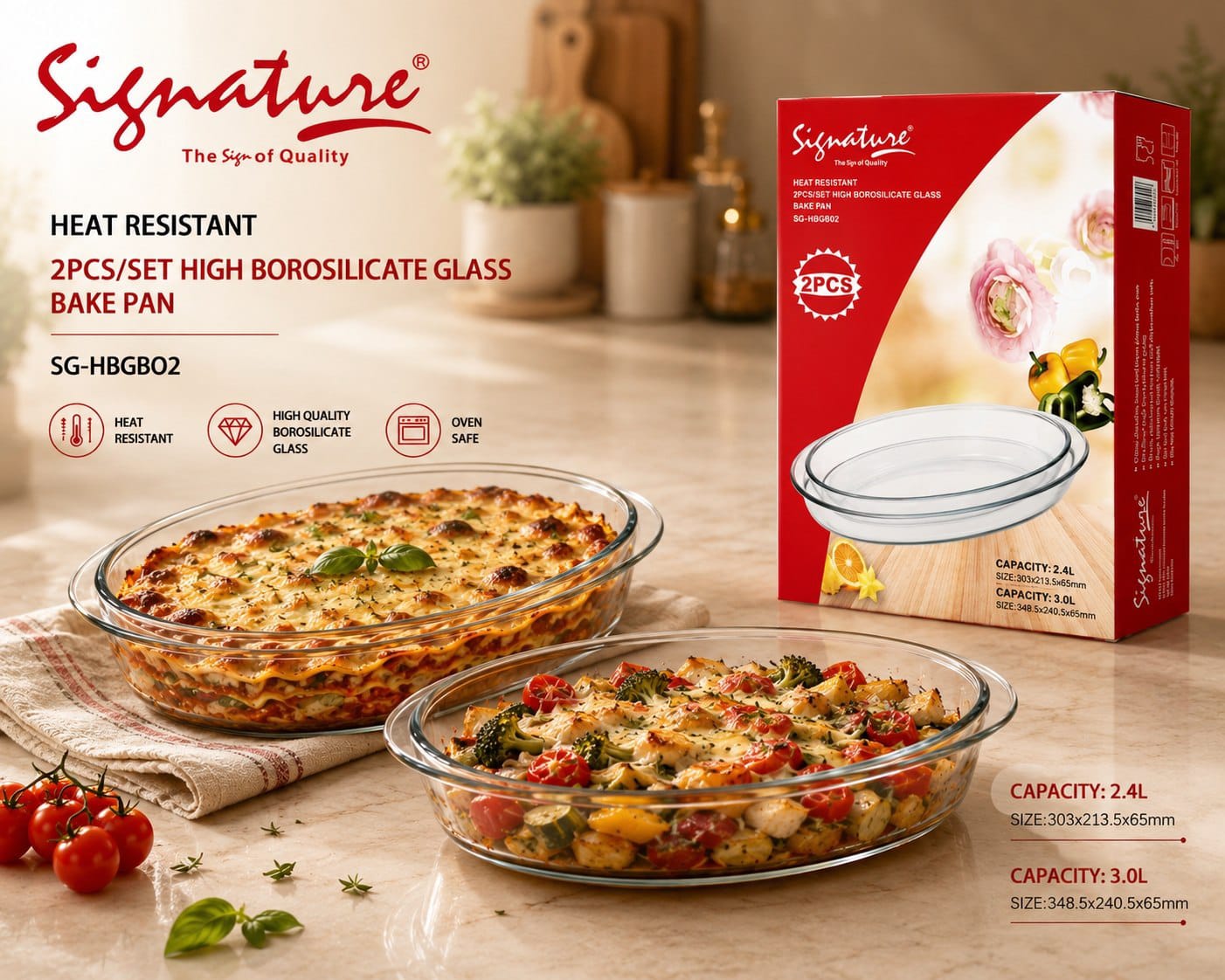 2-Piece Oval Borosilicate Glass Bake Pan Set (2400ml + 3000ml) High-Heat Resistant Casserole and Roasting Trays Model SG-HBGBO-2