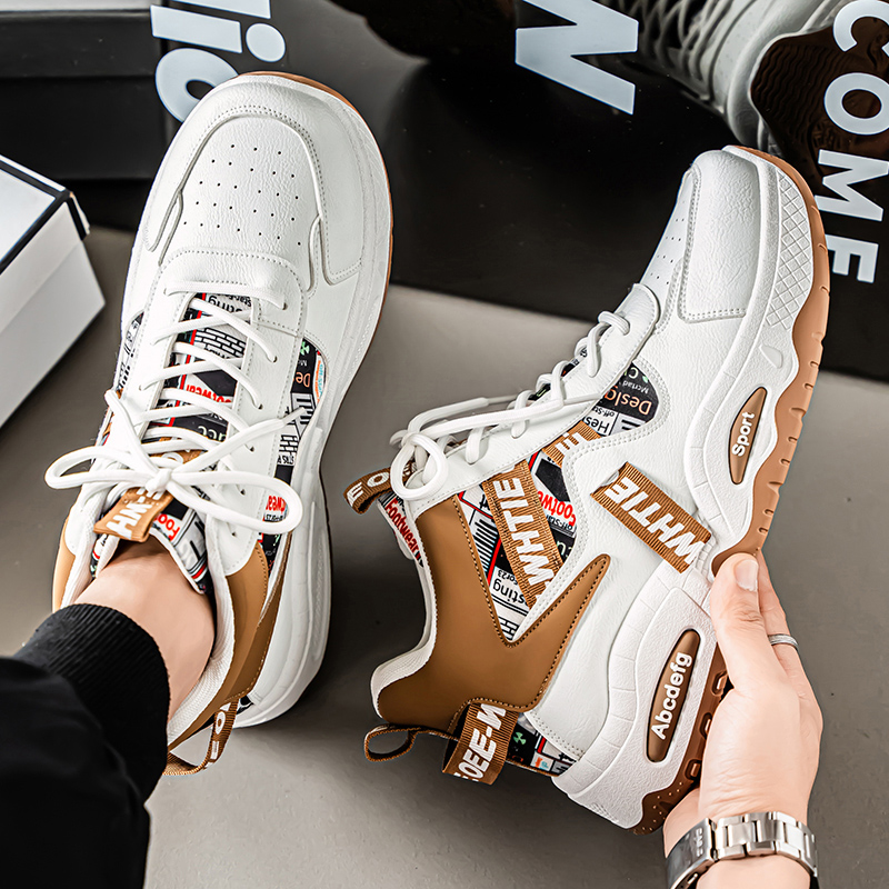 New white brown color blocked high top board shoes for men, retro American dad shoes, thick soled height increasing versatile casual sports shoes