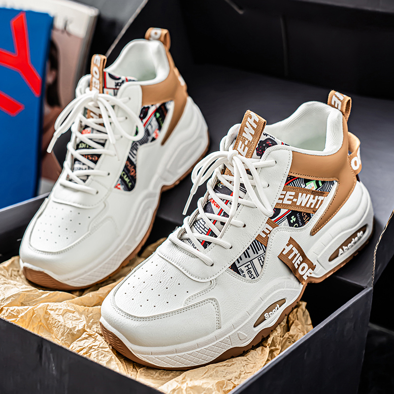 New white brown color blocked high top board shoes for men, retro American dad shoes, thick soled height increasing versatile casual sports shoes