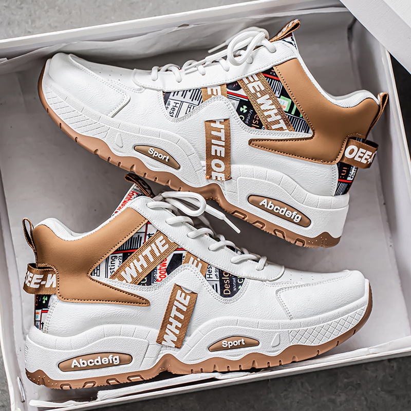 New white brown color blocked high top board shoes for men, retro American dad shoes, thick soled height increasing versatile casual sports shoes