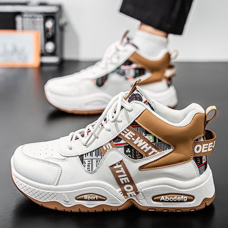 New white brown color blocked high top board shoes for men, retro American dad shoes, thick soled height increasing versatile casual sports shoes