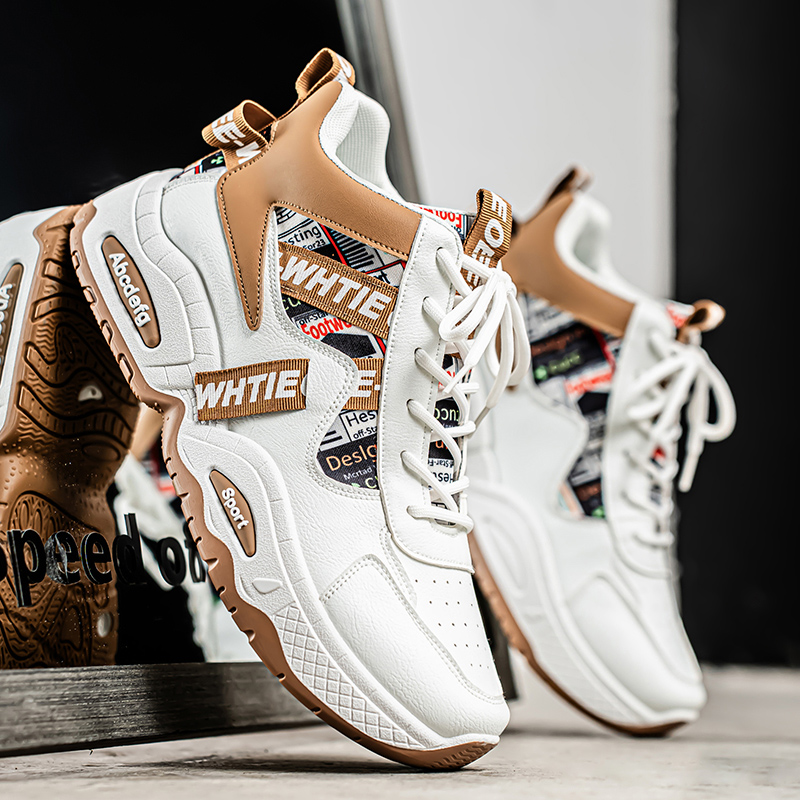 New white brown color blocked high top board shoes for men, retro American dad shoes, thick soled height increasing versatile casual sports shoes