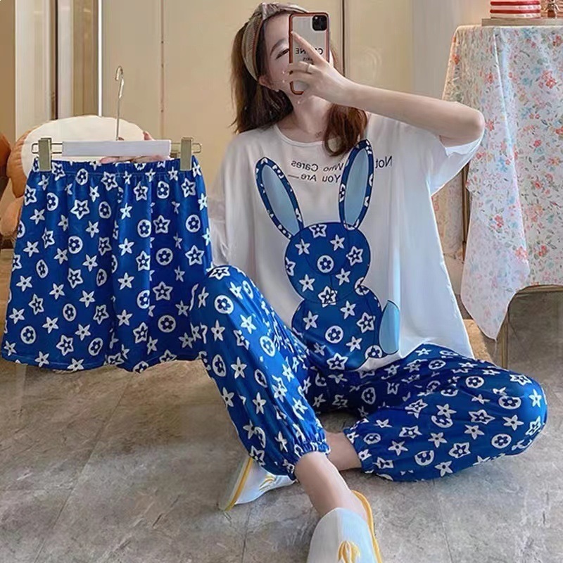 New Arrival Women's Summer Lightweight Pajamas Set Cute Cartoon Print 3PCS Short Sleeve Long Pants Sleepwear Loungewear Can Wear Outside