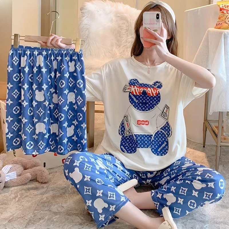 New Arrival Women's Summer Lightweight Pajamas Set Cute Cartoon Print 3PCS Short Sleeve Long Pants Sleepwear Loungewear Can Wear Outside