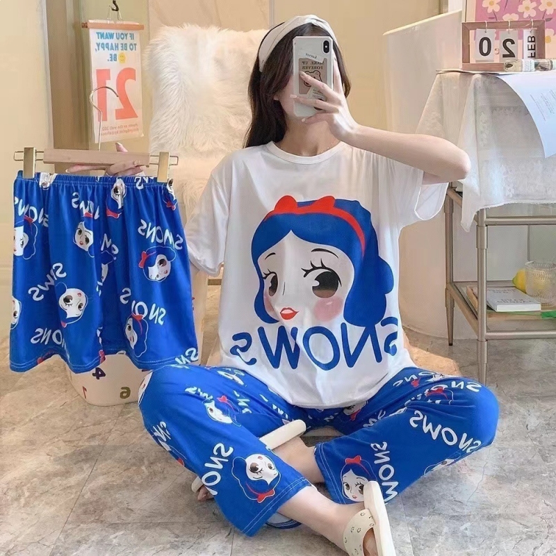 New Arrival Women's Summer Lightweight Pajamas Set Cute Cartoon Print 3PCS Short Sleeve Long Pants Sleepwear Loungewear Can Wear Outside