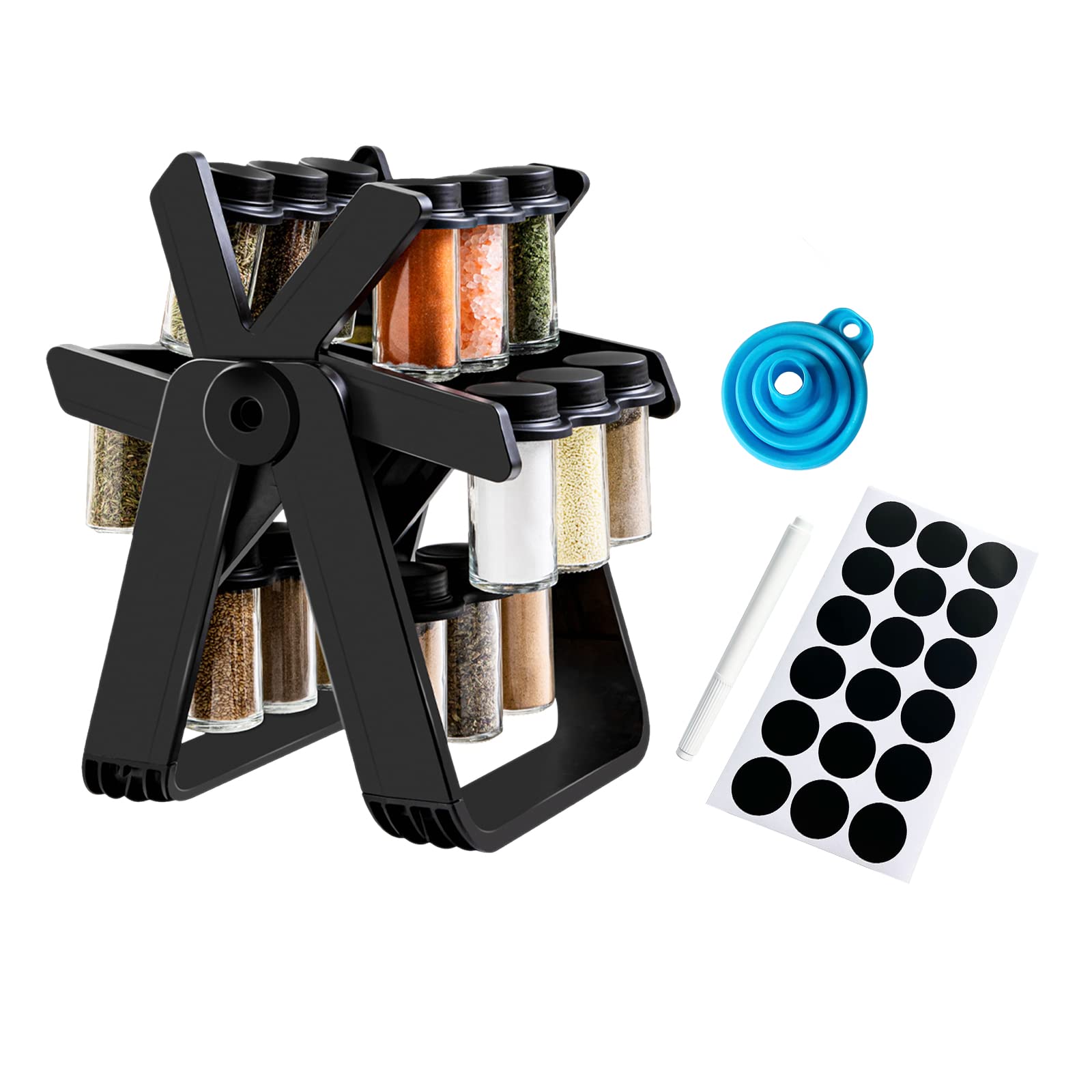 ELEGANT Windmill 18 jar rotating spice rack (18pc) plus sticker labels pen n funnel each jar ~~180ml Ferris Wheel Spice Rack Seasoning Organizer Seasoning Rack With Label Paper Pen Folding Funnel