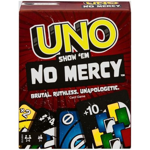 UNO Show Em No Mercy Card Game by Mattel Extreme Family Party Card Game with Wild Draw 10 Stacking Rules and Mercy Elimination for 2 to 10 Players Ages 7 Plus
