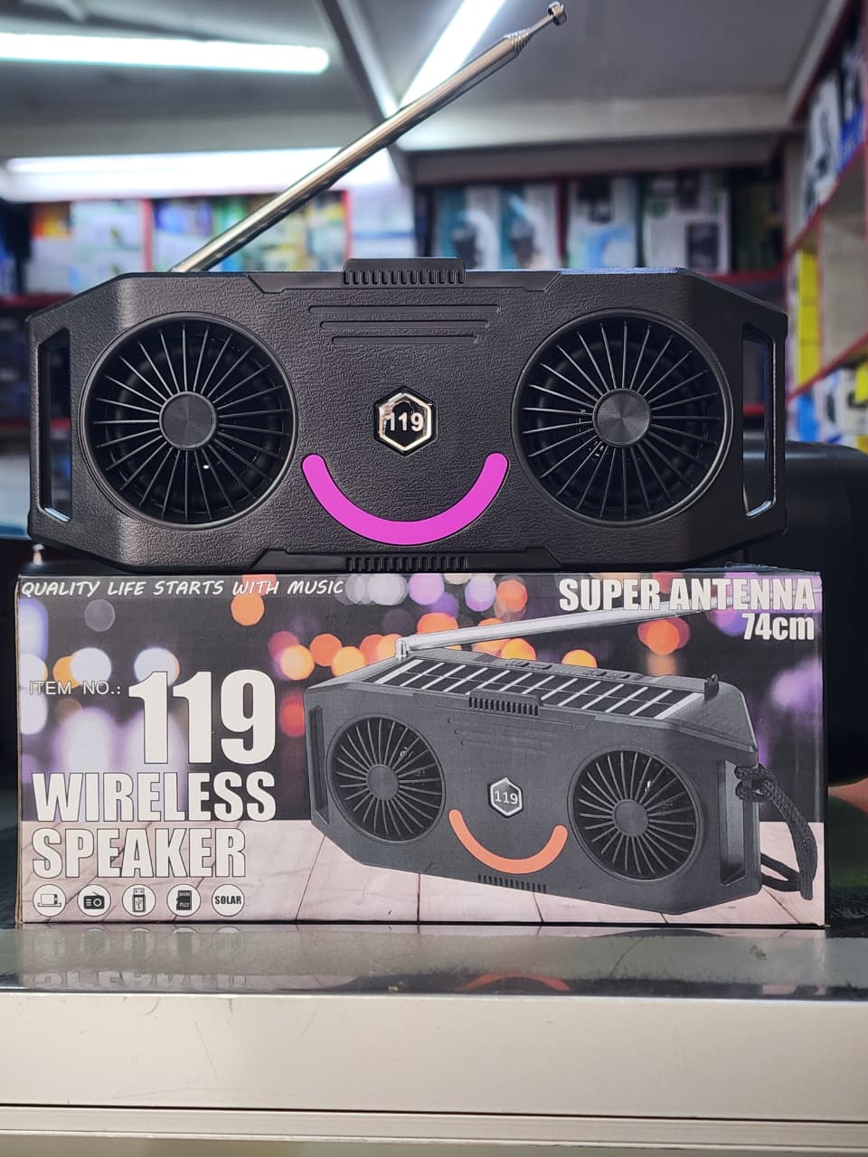 Bluetooth Speaker MCE 119 Portable Wireless Speaker with FM Radio, USB/TF Support, Cooling Fans, 74cm Antenna & Solar Charging – Multi-Function Outdoor Device