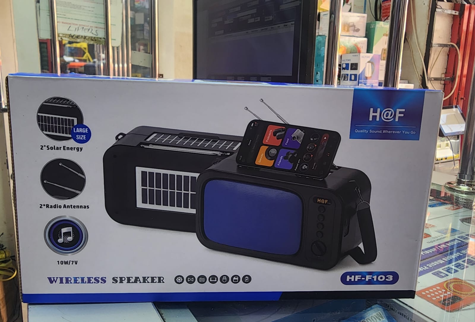 Bluetooth Speaker H@F HF-F103 Wireless Solar Powered FM Radio with Dual Solar Panels Phone Stand and Portable Power Bank Charging Support for Outdoor Travel Camping and Home Entertainment