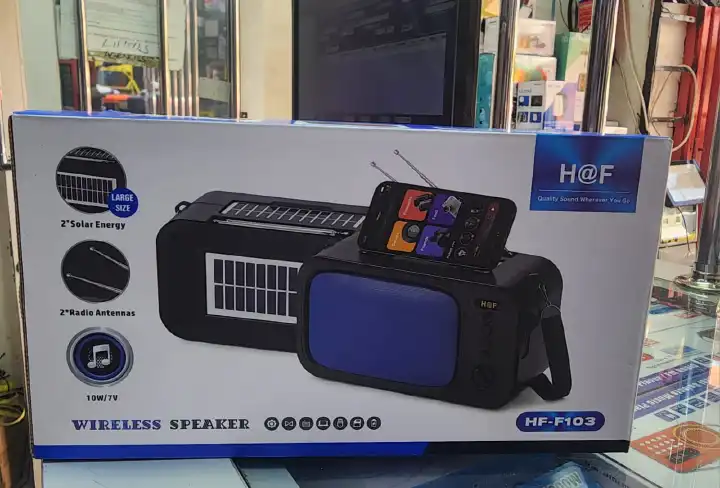 Bluetooth Speaker H@F HF-F103 Wireless Solar Powered FM Radio with Dual Solar Panels Phone Stand and Portable Power Bank Charging Support for Outdoor Travel Camping and Home Entertainment