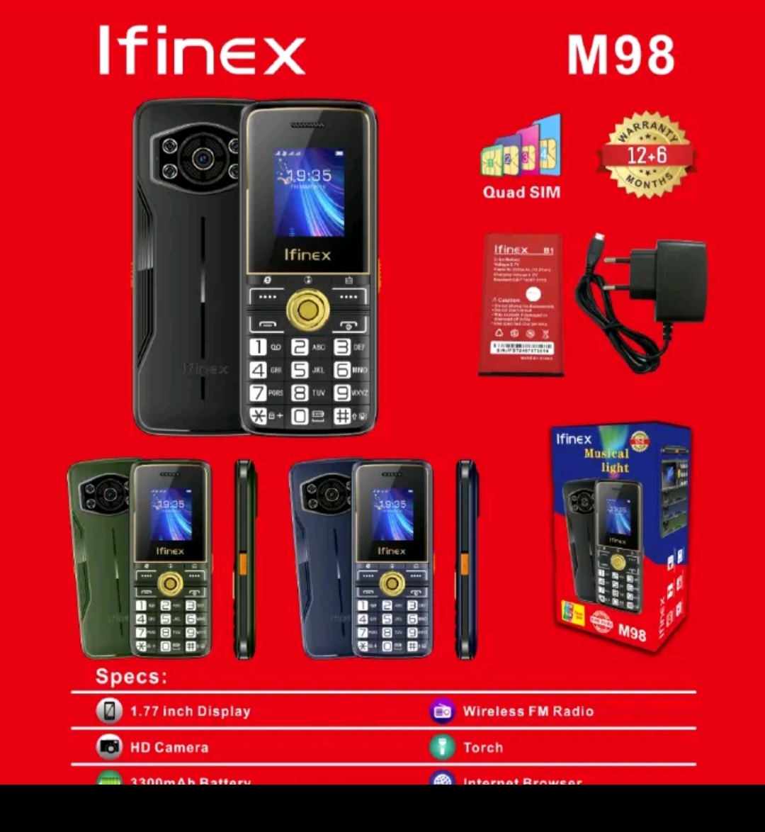 [NEW ARRIVAL] IFINEX M98 SCREEN 1.77’’ HD CAMERA WIRELESS FM TORCH BIG BATTERY 3300MAH FOUR SIM CARD SLOT KABAMBE MULIKA MWIZI BUTTON PHONE ON OFFER