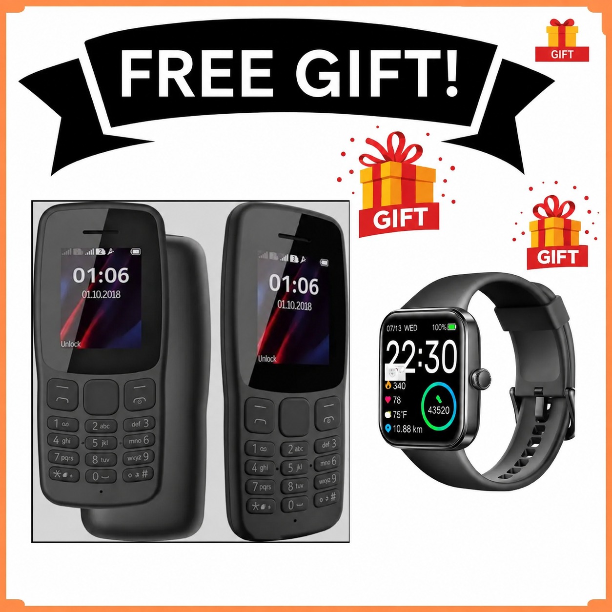 BRAND NEW Nokia 106 4G!!! Mobile Phones, 1.8" Dual SIM Cards Cell Phone 800 MAh Removable Battery Cheap Durable with FM Radio and Micro USB connector FEATURED PHONE +FREE GIFTS (SMARTWATCH)