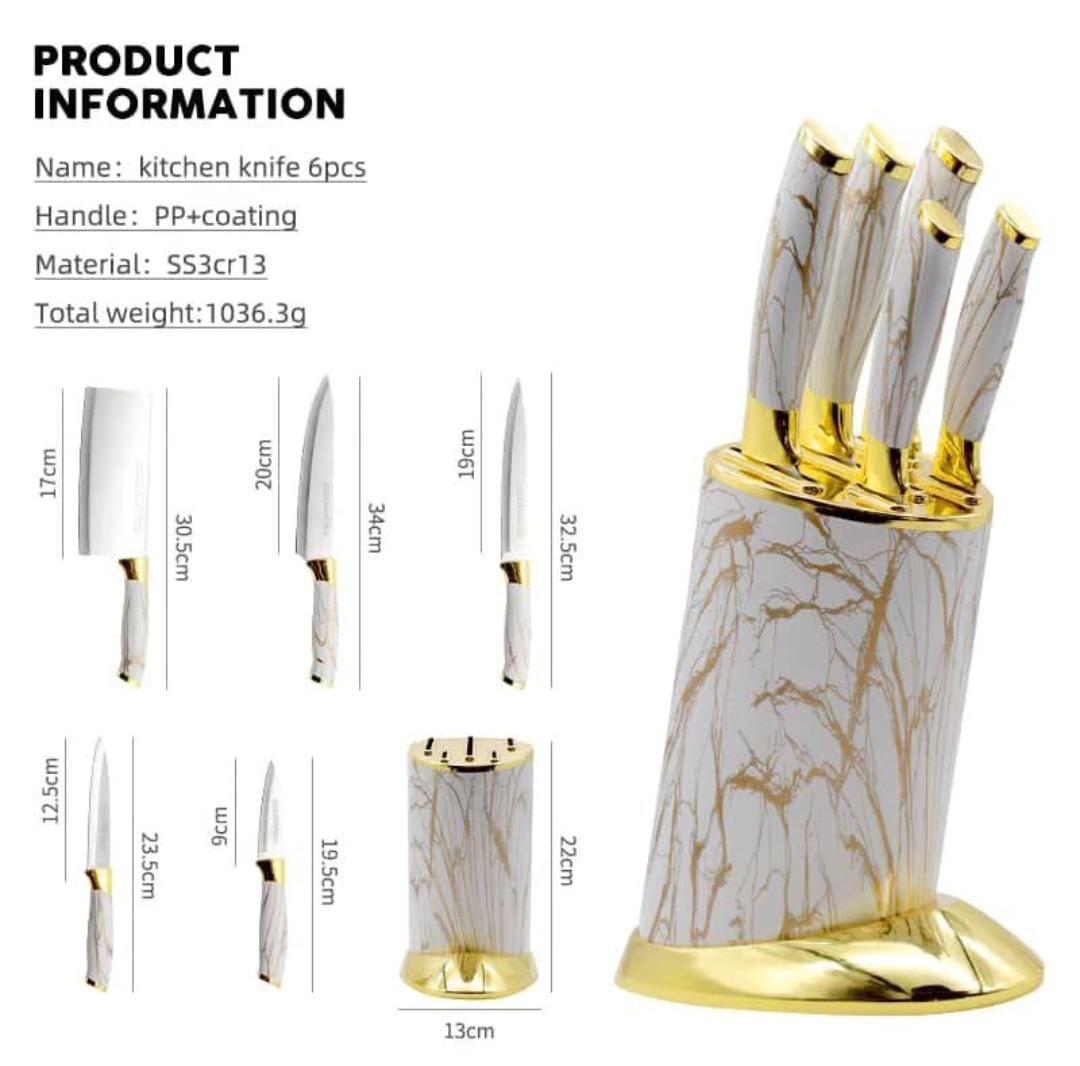 6pcs Kitchen Knife Set with Round Stand Gold Base Stainless Steel Marble Textured Handle Ultra Sharp Chef Knives Set for Home Kitchen Durable Elegant Modern Cutlery Organizer.