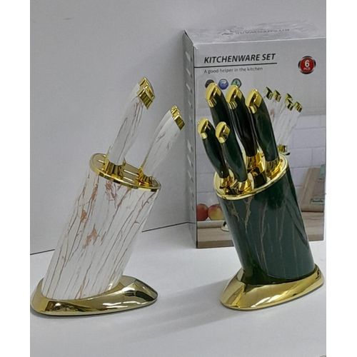 6pcs Kitchen Knife Set with Round Stand Gold Base Stainless Steel Marble Textured Handle Ultra Sharp Chef Knives Set for Home Kitchen Durable Elegant Modern Cutlery Organizer.