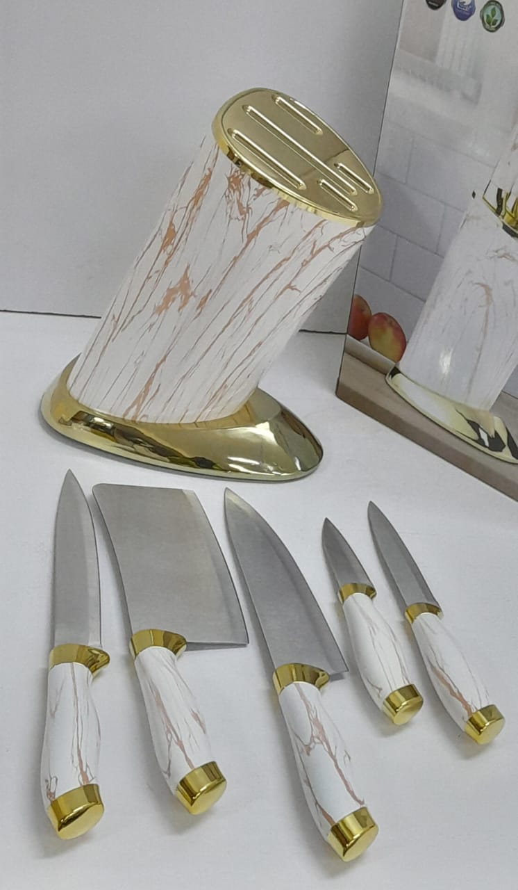 6pcs Kitchen Knife Set with Round Stand Gold Base Stainless Steel Marble Textured Handle Ultra Sharp Chef Knives Set for Home Kitchen Durable Elegant Modern Cutlery Organizer.