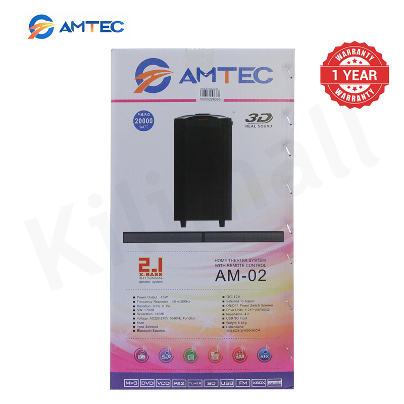 Amtec AM-02 2.1CH Home Theatre Subwoofer Speaker System, 45W RMS 20000W PMPO, AC/DC Powered Bluetooth FM USB SD AUX Woofer With Remote Control, 5.25 Inch Bass Driver