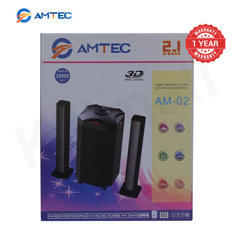 Amtec AM-02 2.1CH Home Theatre Subwoofer Speaker System, 45W RMS 20000W PMPO, AC/DC Powered Bluetooth FM USB SD AUX Woofer With Remote Control, 5.25 Inch Bass Driver