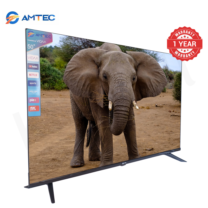 Amtec 50Q6 50 inch Smart TV Frameless 4K UHD HDR10 DVB-T2 Built-in Decoder Wi-Fi Bluetooth Miracast Netflix YouTube Showmax DTS Dolby Digital Audio 1.5GB RAM 8GB ROM