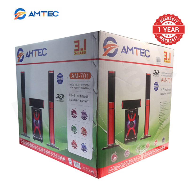 Amtec AM-701 3.1CH Multimedia Home Theater Speaker System 60W RMS 20000W PMPO Subwoofer Bluetooth FM USB SD Input   Remote Control Woofer 1 Year Warranty