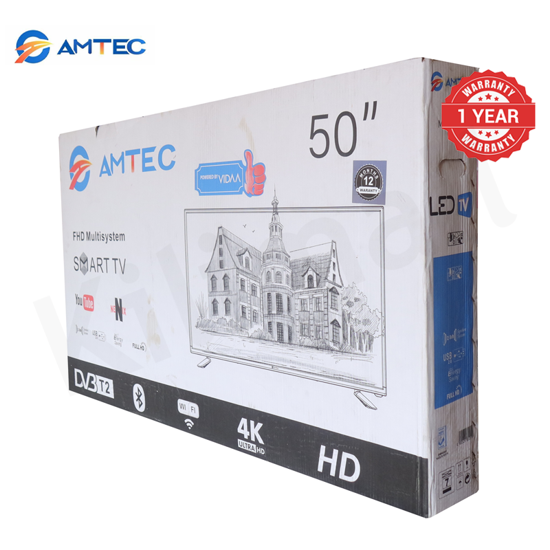Amtec 50Q6 50 inch Smart TV Frameless 4K UHD HDR10 DVB-T2 Built-in Decoder Wi-Fi Bluetooth Miracast Netflix YouTube Showmax DTS Dolby Digital Audio 1.5GB RAM 8GB ROM