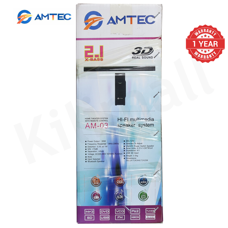 Amtec AM-03 2.1CH AC/DC Soundbar With 6.5" Subwoofer,35W RMS 15000W PMPO, Bluetooth, FM, USB/SD/AUX, Home Theater Speaker System Woofer