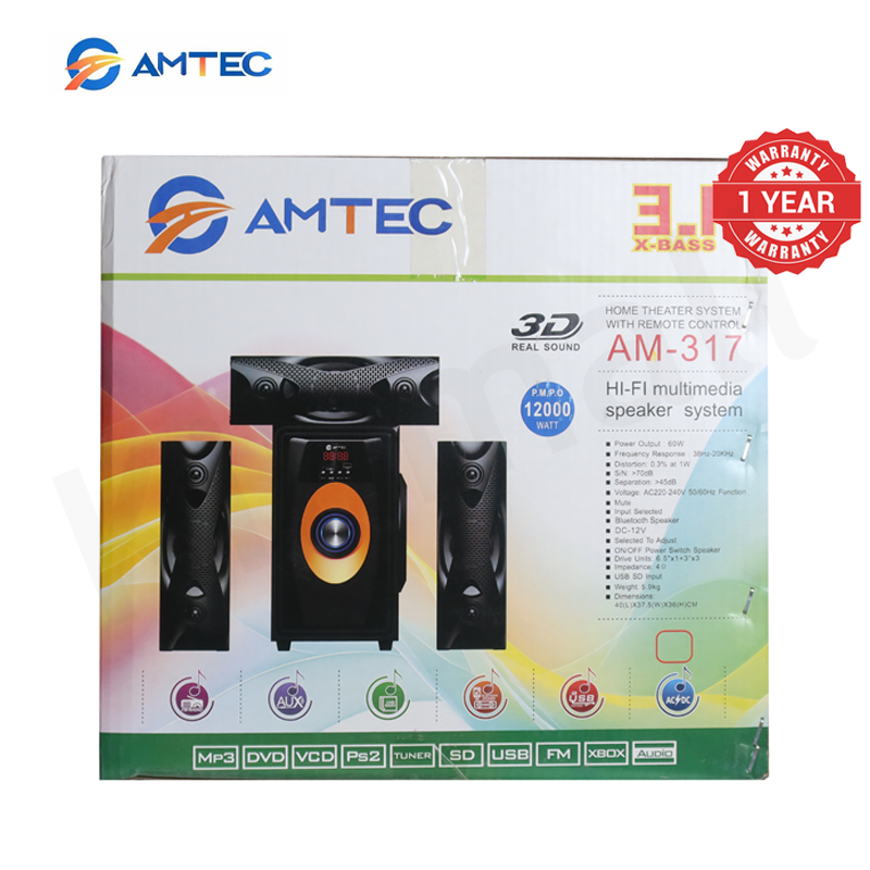 Amtec AM-317 3.1 CH X-BASS Multimedia Subwoofer Speaker System, 60W RMS 12000W PMPO, 6.5"+3" Drivers, AC/DC Powered Bluetooth FM USB SD Home Theater Speaker Woofer