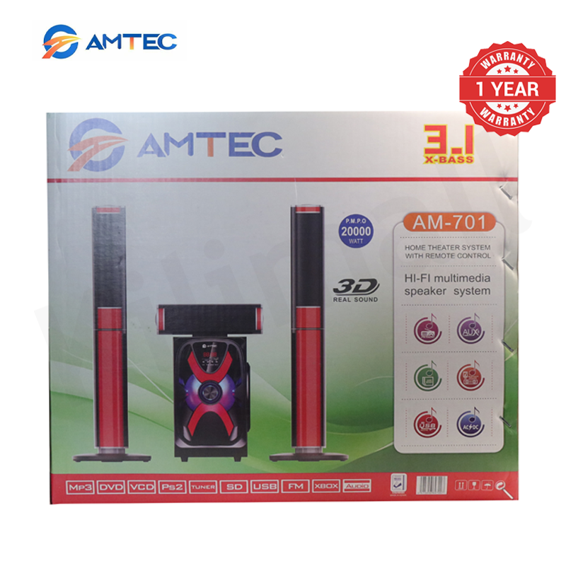 Amtec AM-701 3.1CH Multimedia Home Theater Speaker System 60W RMS 20000W PMPO Subwoofer Bluetooth FM USB SD Input   Remote Control Woofer 1 Year Warranty