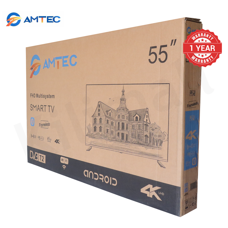 Amtec  55L12 55 inch Smart TV Frameless 4K UHD Android TV, Wi-Fi Ethernet, 3HDMI 2USB Ports, Netflix YouTube Prime Video Bluetooth Energy Saving Wide View Angle