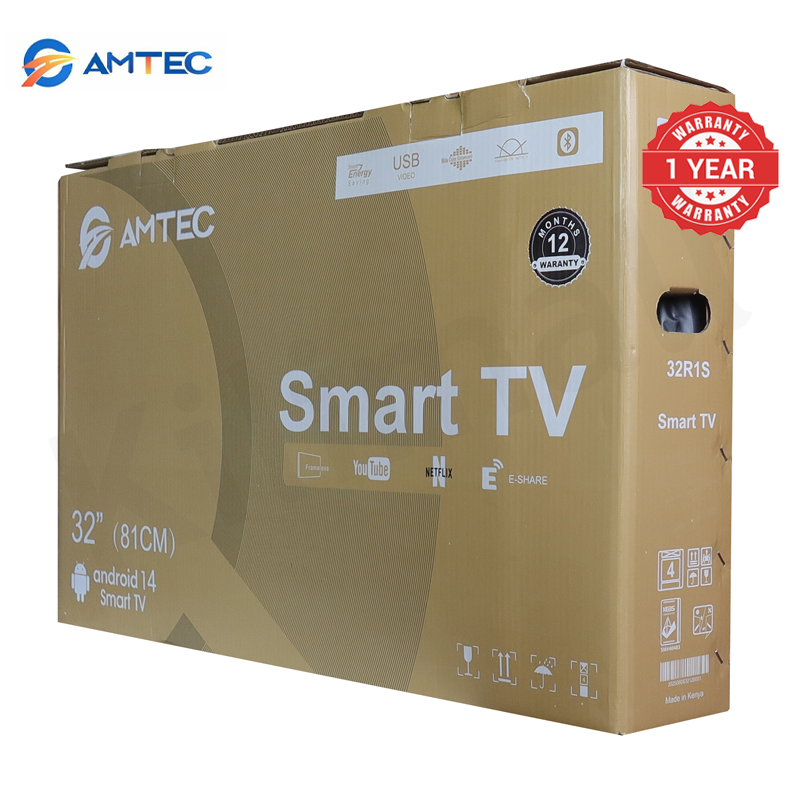 Amtec 32R1S 32 inch Smart TV Frameless HD Android TV LED Bluetooth WiFi Mirror Cast Inbuilt Decoder 3HDMI 2USB Port Quad Core 1GB+8GB Netflix YouTube Energy Saving Television