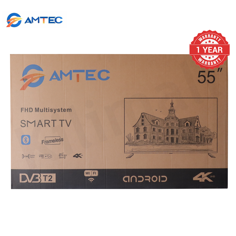 Amtec  55L12 55 inch Smart TV Frameless 4K UHD Android TV, Wi-Fi Ethernet, 3HDMI 2USB Ports, Netflix YouTube Prime Video Bluetooth Energy Saving Wide View Angle