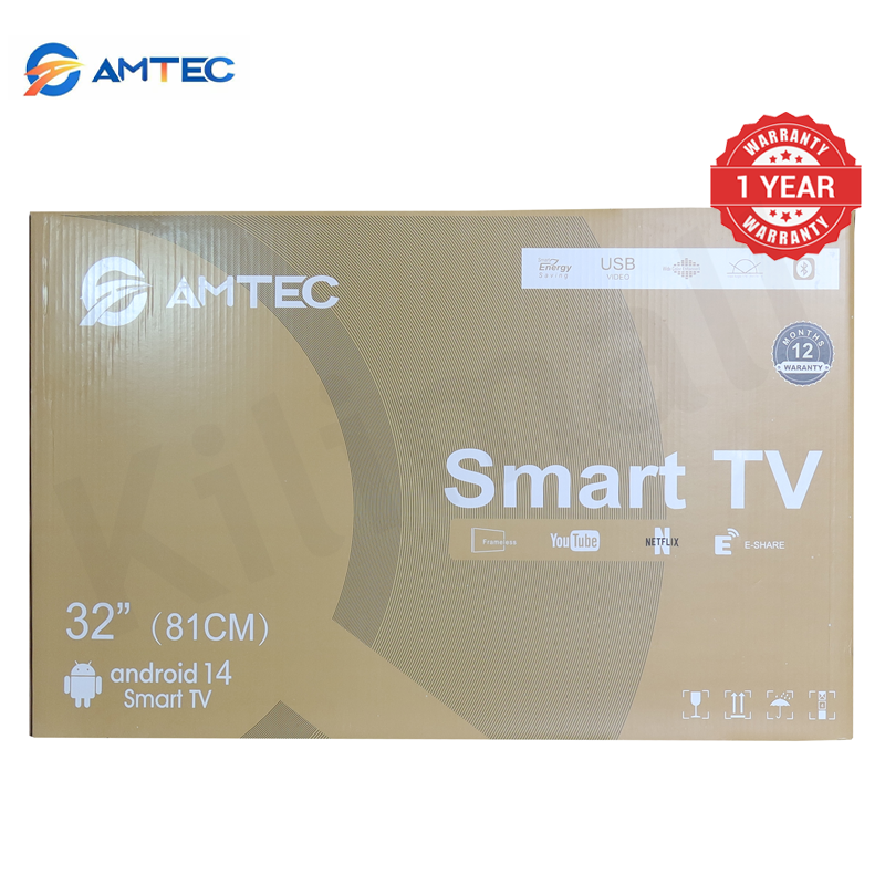 Amtec 32R1S 32 inch Smart TV Frameless HD Android TV LED Bluetooth WiFi Mirror Cast Inbuilt Decoder 3HDMI 2USB Port Quad Core 1GB+8GB Netflix YouTube Energy Saving Television