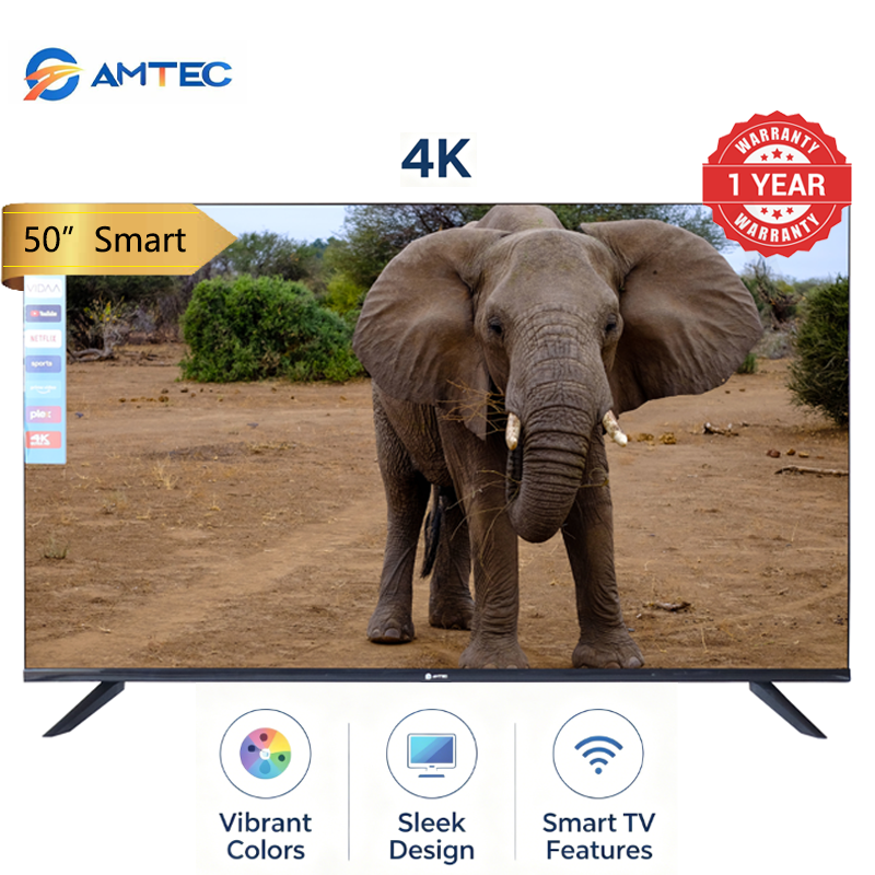 Amtec 50Q6 50 inch Smart TV Frameless 4K UHD HDR10 DVB-T2 Built-in Decoder Wi-Fi Bluetooth Miracast Netflix YouTube Showmax DTS Dolby Digital Audio 1.5GB RAM 8GB ROM