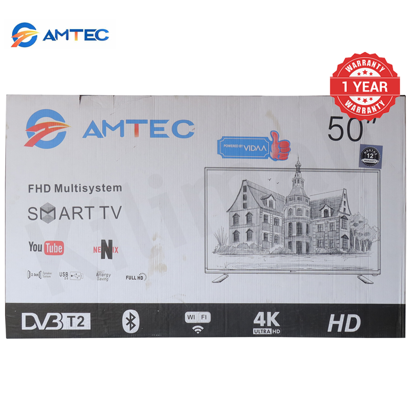 Amtec 50Q6 50 inch Smart TV Frameless 4K UHD HDR10 DVB-T2 Built-in Decoder Wi-Fi Bluetooth Miracast Netflix YouTube Showmax DTS Dolby Digital Audio 1.5GB RAM 8GB ROM