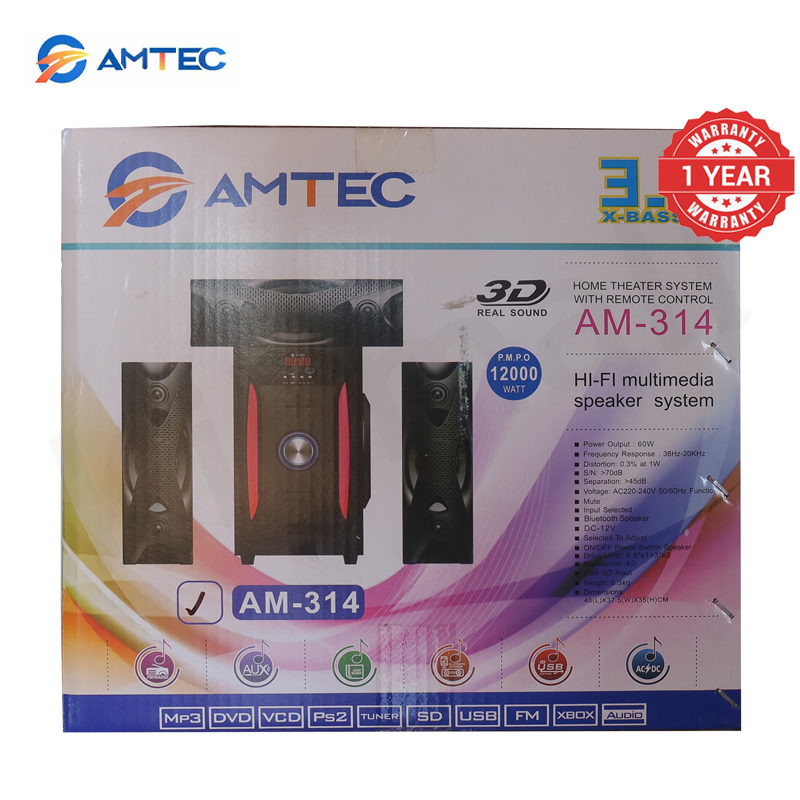 Amtec AM-314 3.1CH X‑BASS Home Theater System Woofer,Speaker System 60W RMS 12000W PMPO, Bluetooth/USB/SD, AC/DC Dual Power