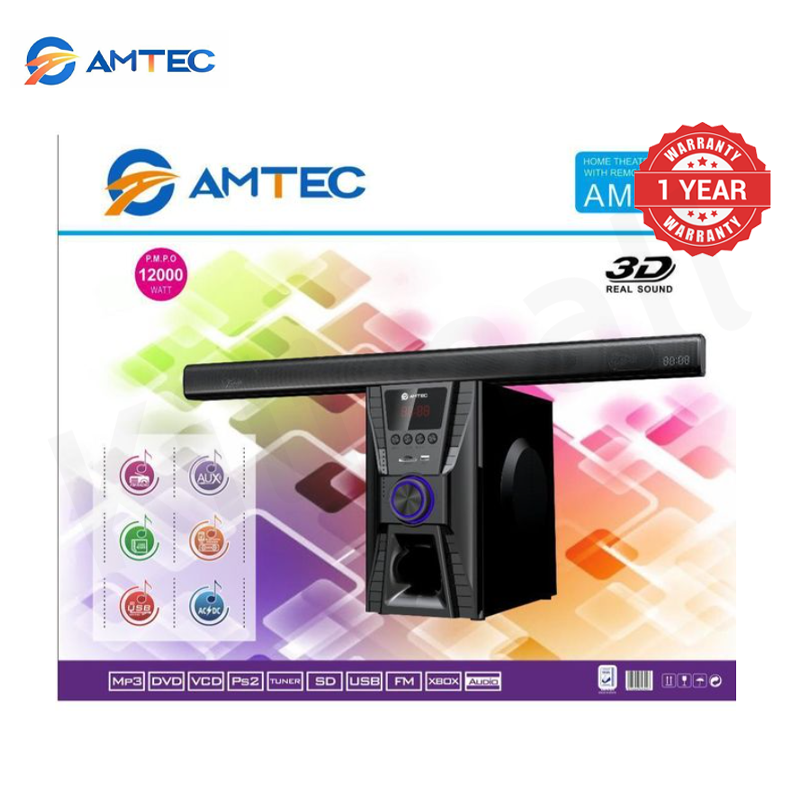 Amtec AM-501 2.1CH Immersive 3D Sound Bar Subwoofer System,12000W PMPO AC/DC Dual Power,Bluetooth FM AUX USB SD Playback LED Control Dial Remote Control 1 Year Warranty
