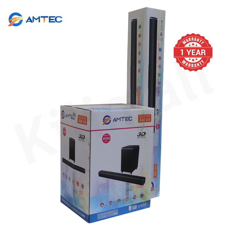 Amtec AM-04 Soundbar Home Theatre Speaker System With Wireless Subwoofer, 100W RMS 20000W PMPO, Bluetooth USB SD AUX FM, LED Display Remote Control 3D Surround AC/DC Dual Power Compatibility