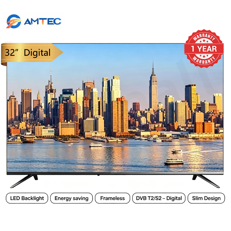 Amtec 32M6 32 Inch Digital TV Frameless Full HD LED TV AC Powered DVB-T2/S2 Digital Audio Hotel Mode USB Recording 3HDMI 2USB VGA Energy Saving Slim Television 1 Year Warranty