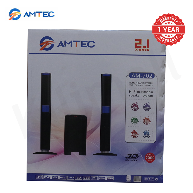Amtec AM-702 2.1CH X‑BASS Soundbar System, 120W RMS 20000W PMPO Speaker System Woofer, BT/USB/SD/FM/AUX, AC/DC Dual Power, Remote