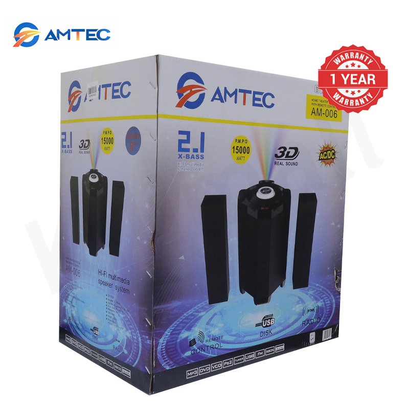 Amtec AM-006 2.1CH Home Theater Subwoofer Speaker 15000W PMPO, Built-in Powerful Amplifier, Bluetooth FM AUX USB SD BT Playback, Remote Control Compact Stylish Audio System 1 Year Warranty