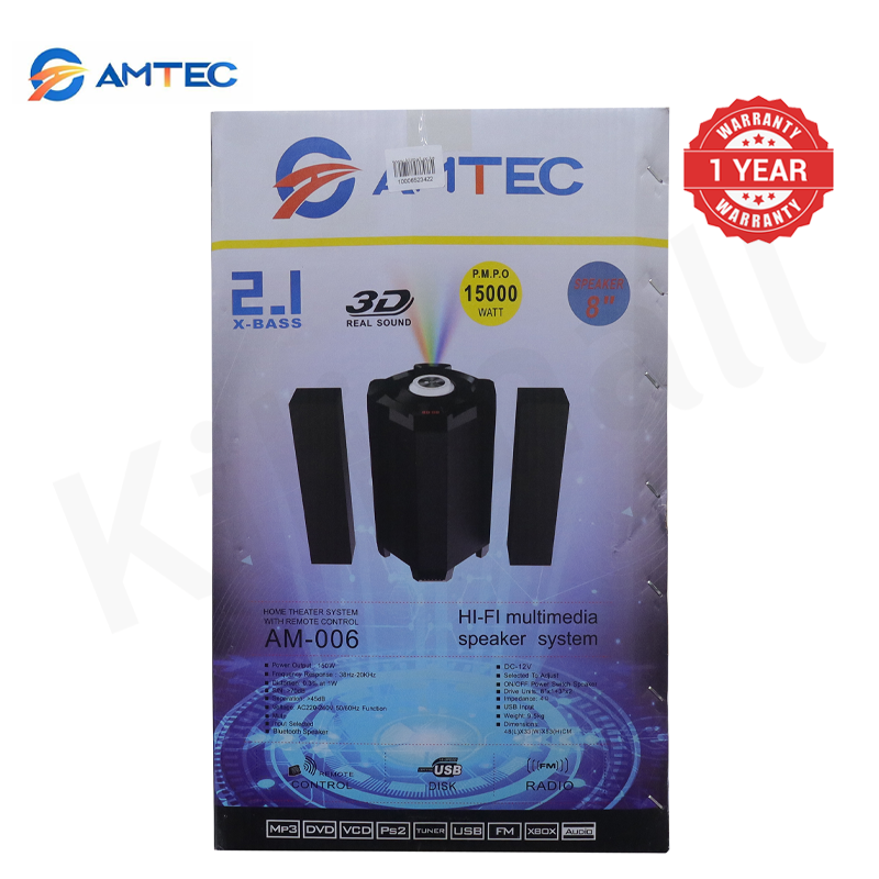 Amtec AM-006 2.1CH Home Theater Subwoofer Speaker 15000W PMPO, Built-in Powerful Amplifier, Bluetooth FM AUX USB SD BT Playback, Remote Control Compact Stylish Audio System 1 Year Warranty