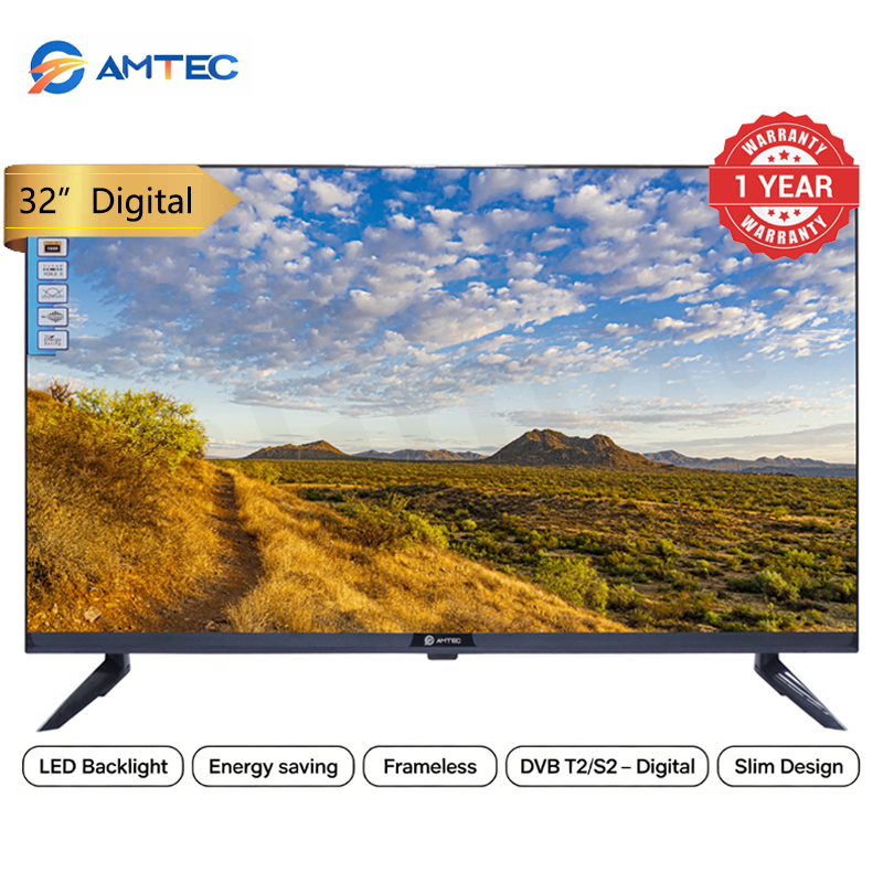 Amtec 32M6 32 Inch Digital TV Frameless Full HD LED TV AC Powered DVB-T2/S2 Digital Audio Hotel Mode USB Recording 3HDMI 2USB VGA Energy Saving Slim Television 1 Year Warranty